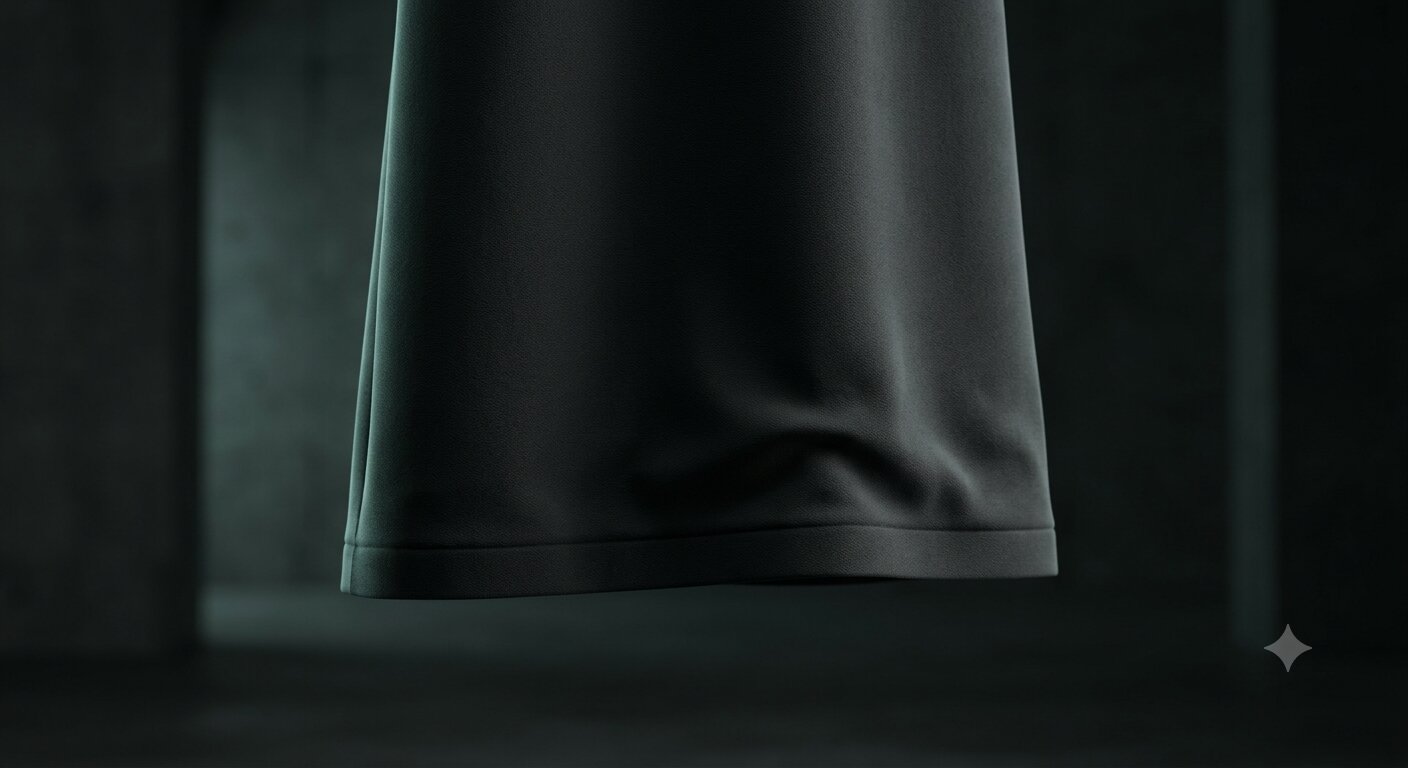 Close detail of Mivelo technical abaya hem and fabric drape