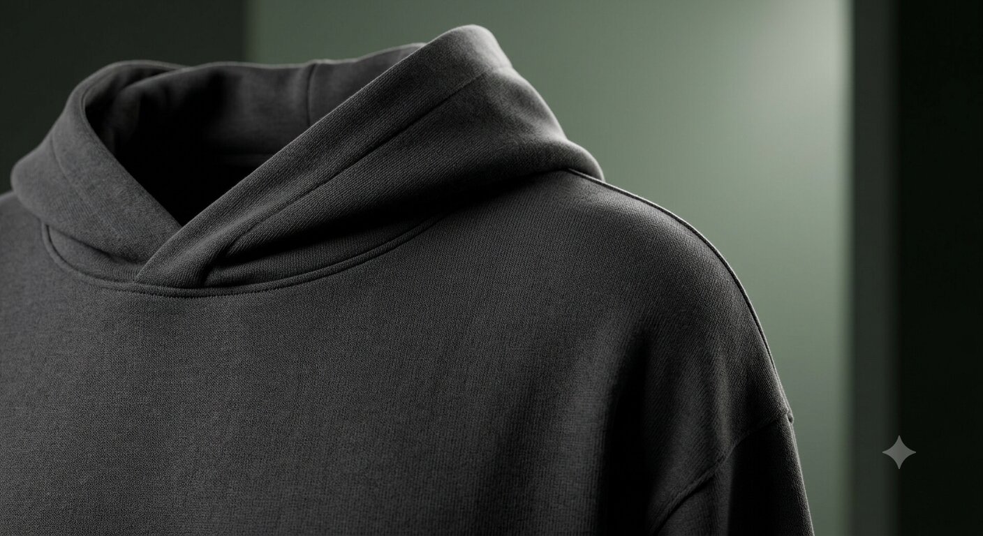 Close detail of the Mivelo hood and shoulder seam in charcoal Cool-Case fabric